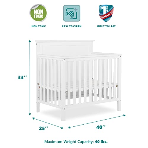 Dream On Me Ava 4-in-1 Convertible Mini Crib in White, Greenguard Gold Certified, Non-Toxic Finish, Comes with 1" Mattress Pad, with 3 Mattress Height Settings