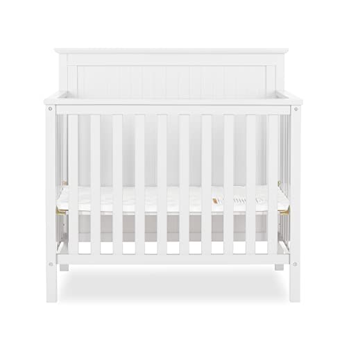 Dream On Me Ava 4-in-1 Convertible Mini Crib in White, Greenguard Gold Certified, Non-Toxic Finish, Comes with 1" Mattress Pad, with 3 Mattress Height Settings