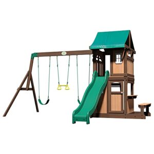 backyard discovery lakewood cedar wood swing set, covered upper deck with white trim window, slide with rails, lower fort area with door and attached bench, swing belts, trapeze bar, stair ladder