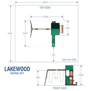 Backyard Discovery Lakewood Cedar Wood Swing Set, Covered Upper Deck with White Trim Window, Slide with Rails, Lower Fort Area with Door and Attached Bench, Swing Belts, Trapeze Bar, Stair Ladder