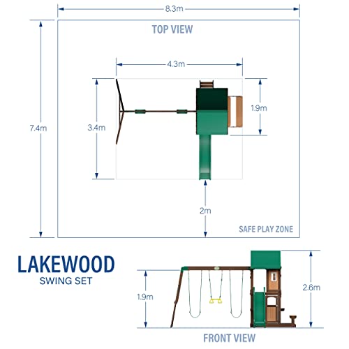 Backyard Discovery Lakewood Cedar Wood Swing Set, Covered Upper Deck with White Trim Window, Slide with Rails, Lower Fort Area with Door and Attached Bench, Swing Belts, Trapeze Bar, Stair Ladder