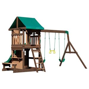 Backyard Discovery Lakewood Cedar Wood Swing Set, Covered Upper Deck with White Trim Window, Slide with Rails, Lower Fort Area with Door and Attached Bench, Swing Belts, Trapeze Bar, Stair Ladder