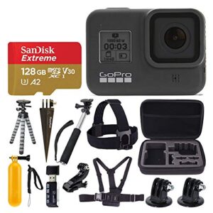 gopro hero8 black waterproof action camera w/touch screen 4k hd video 12mp photos +sandisk extreme 128gb micro memory card + hard case + head strap + chest strap + gopro hero 8 - top value accessories