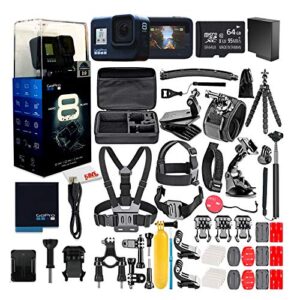 gopro hero8 black digital action camera - waterproof, touch screen, 4k uhd video, 12mp photos, live streaming, stabilization - with 50 piece accessory kit + 64gb memory card + extra battery