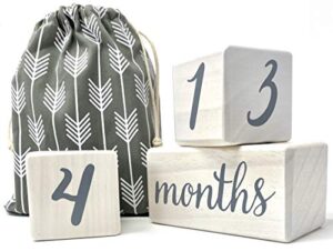pondering pine baby milestone blocks - natural white stain pine wood with weeks months years grade - milestones age block set with bag, newborn weekly monthly first year picture props, earth friendly