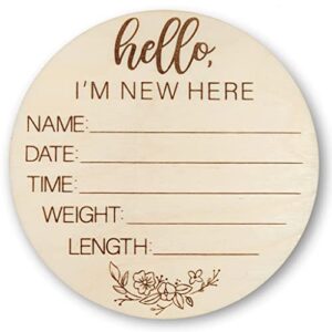 wooden newborn welcome sign - hello i’m new here baby name sign - round baby announcement sign for hospitals - infant arrival stat sign - 4.75 inches long & wide with 3mm thickness