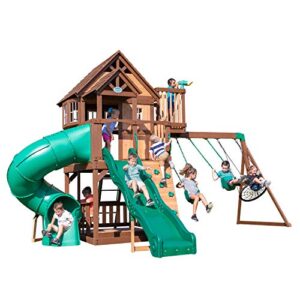 backyard discovery skyfort all cedar swing set, elevated covered wood roof clubhouse with bay windows, 2 belt swings, web swing, 10ft wave slide, 5 ft tube slide, covered picnic table, 5 ft rock wall