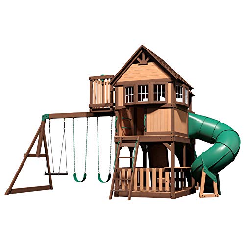 Backyard Discovery Skyfort All Cedar Swing Set, Elevated Covered Wood Roof Clubhouse with Bay Windows, 2 Belt Swings, Web Swing, 10ft Wave Slide, 5 ft Tube Slide, Covered Picnic Table, 5 ft Rock Wall