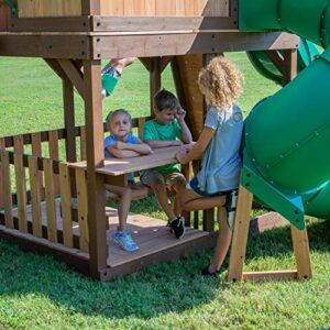 Backyard Discovery Skyfort All Cedar Swing Set, Elevated Covered Wood Roof Clubhouse with Bay Windows, 2 Belt Swings, Web Swing, 10ft Wave Slide, 5 ft Tube Slide, Covered Picnic Table, 5 ft Rock Wall