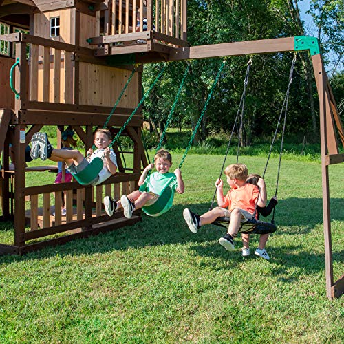 Backyard Discovery Skyfort All Cedar Swing Set, Elevated Covered Wood Roof Clubhouse with Bay Windows, 2 Belt Swings, Web Swing, 10ft Wave Slide, 5 ft Tube Slide, Covered Picnic Table, 5 ft Rock Wall