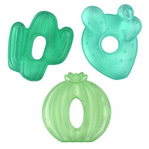 itzy ritzy water-filled teethers; set of 3 coordinating cactus water teethers; cutie coolers are textured on both sides to massage sore gums; can be chilled in refrigerator; set of 3 green cacti