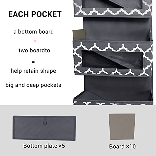 Over Door Organizer, Bathroom Pantry Nursery Cabinet Baby Storage with 5 Large Pockets & 2 Widened Hooks, Wall Mount Hanging Organizer with Clear Window for Cosmetics, Diapers, Closet, Dorm, Grey