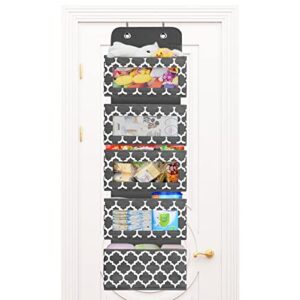 Over Door Organizer, Bathroom Pantry Nursery Cabinet Baby Storage with 5 Large Pockets & 2 Widened Hooks, Wall Mount Hanging Organizer with Clear Window for Cosmetics, Diapers, Closet, Dorm, Grey