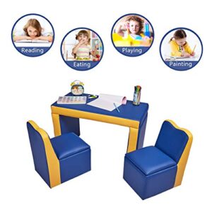 kinbor Kids Leather Sofa Armchair Compact Design Multifunctional 2in1 Children's Armchair Padded Table and Chair Set with Storage for Girls and Boys 3 Piece Kids Furniture Set No Assembly Required