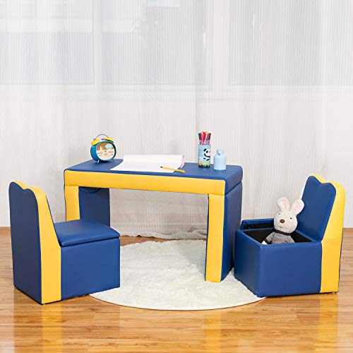 kinbor Kids Leather Sofa Armchair Compact Design Multifunctional 2in1 Children's Armchair Padded Table and Chair Set with Storage for Girls and Boys 3 Piece Kids Furniture Set No Assembly Required