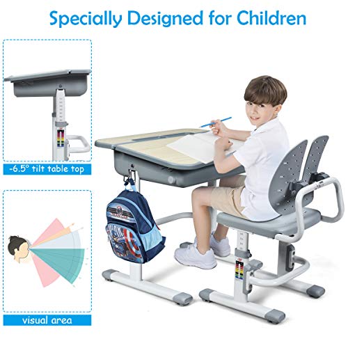 BABY JOY Kids Desk and Chair Set, Height Adjustable, Children's Study Table with Large Storage Space, Ergonomic Winged Backrest Chair, Student School Desk Set Great Gift for Ages 3 to 14 (Gray)