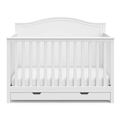 Storkcraft Moss 5-in-1 Convertible Crib with Drawer (White) – GREENGUARD Gold Certified, Crib with Drawer Combo, Includes Full-Size Nursery Storage Drawer, Converts to Toddler Bed and Full-Size Bed