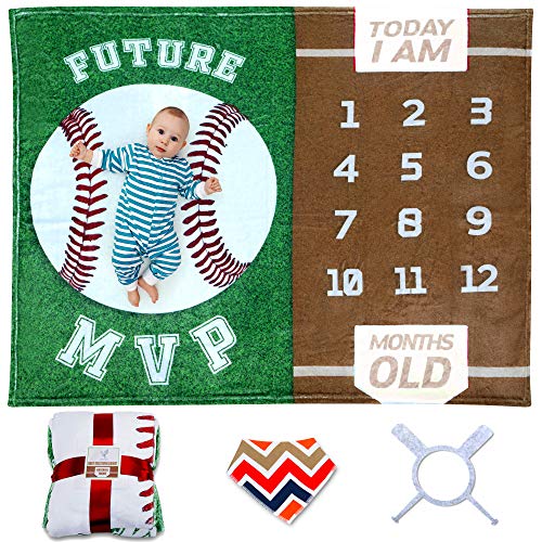 Sukoon Monthly Milestone Blanket for Baby Boy / Girl | Baseball Theme | Includes Frame and Bib | Large | 47"x40" | Personalized Baby Month Blanket for Newborn Baby Shower