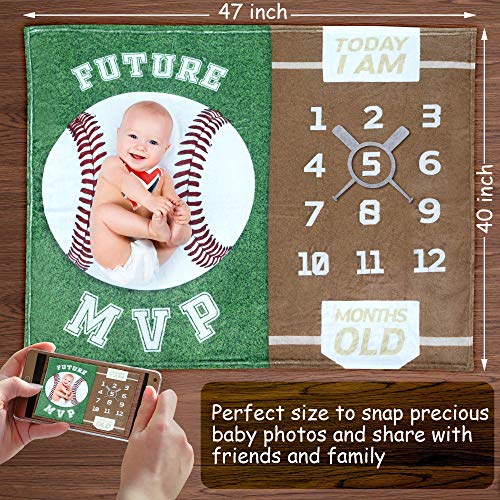 Sukoon Monthly Milestone Blanket for Baby Boy / Girl | Baseball Theme | Includes Frame and Bib | Large | 47"x40" | Personalized Baby Month Blanket for Newborn Baby Shower