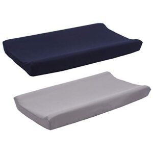 belsden 2 pack microfiber soft changing pad cover set, with 2 considerate safety belt holes, durable diaper change table sheet set for baby boys, 16" by 32" plus generous 8" depth, grey & navy colors