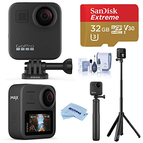 GoPro MAX Waterproof 360 Camera 5.6K30 UHD Video 16.6MP Photos 1080p Live Streaming Travel Bundle with Grip + Tripod, 32GB microSD Card, Cleaning Kit