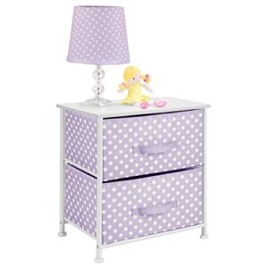 mdesign small storage dresser end/side table night stand with 2 removable fabric drawers - organizer for baby, kid, and teen bedroom, nursery, playroom, or dorm - light purple/white polka dot