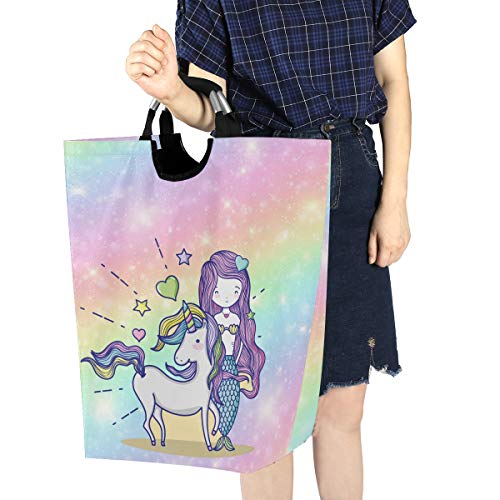 ALAZA Cute Laundry Hamper Kids Girls, Fabric Laundry Bakset Collapsible, Dirty Clothes Hamper, Rainbow Magic Unicorn Mermaid Girl