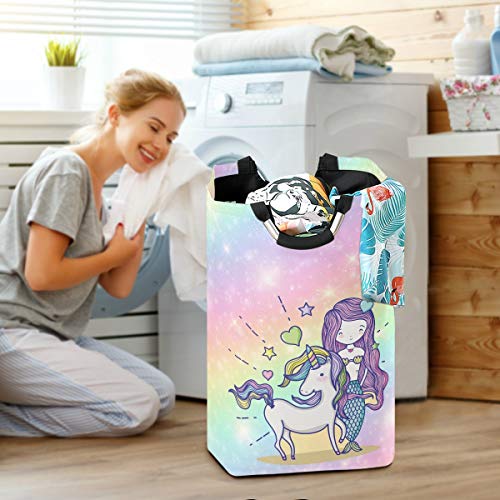 ALAZA Cute Laundry Hamper Kids Girls, Fabric Laundry Bakset Collapsible, Dirty Clothes Hamper, Rainbow Magic Unicorn Mermaid Girl