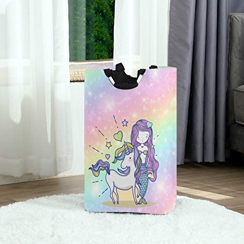 ALAZA Cute Laundry Hamper Kids Girls, Fabric Laundry Bakset Collapsible, Dirty Clothes Hamper, Rainbow Magic Unicorn Mermaid Girl