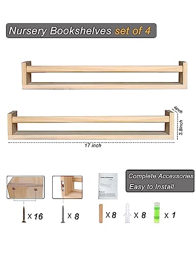 Nursery Book Shelves Set of 4，17 inch Wall Bookshelves for Kids， Perfect for Baby’s Room, Kitchen, Bedroom and Bathroom. (17S4)