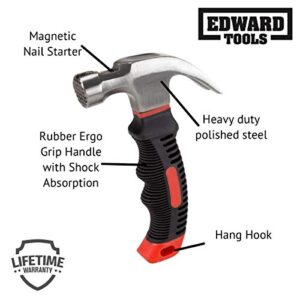 Edward Tools Small Claw Hammer 8 oz. with Magnetic Nail Starter - Polished Heavy Duty Steel Head - Ergo Rubber Grip Handle - Mini Hammer for Home, DIY, Camping, Kids, Tent Stakes