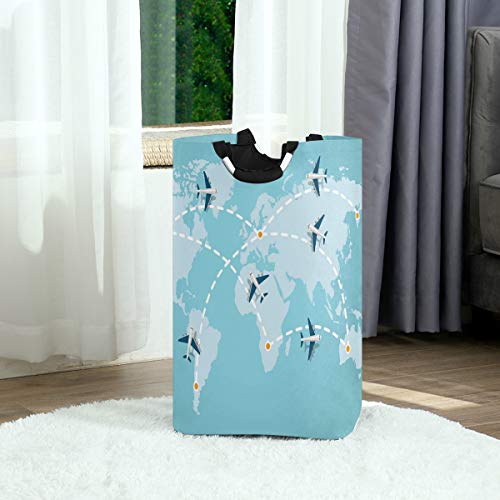 CiCily Laundry Hamper Bucket Foldable Storage Bin World Map Airplanes for Home Organizer Nursery Storage Baby Hamper Kids Room