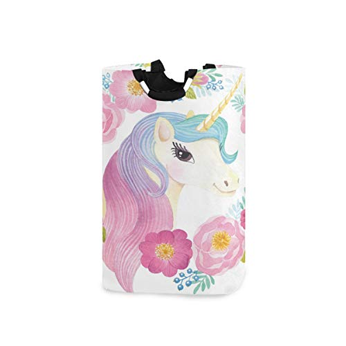 senya Large Storage Basket Collapsible Organizer Bin Laundry Hamper for Nursery Clothes Toys, Unicorn Head in Flowers