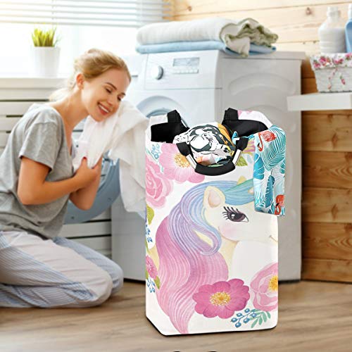 senya Large Storage Basket Collapsible Organizer Bin Laundry Hamper for Nursery Clothes Toys, Unicorn Head in Flowers