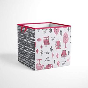 bacati owls girls cotton storage box small, pink/grey