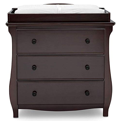 Delta Children Lancaster 3 Drawer Dresser with Changing Top, Dark Chocolate and Contoured Changing Pad, White