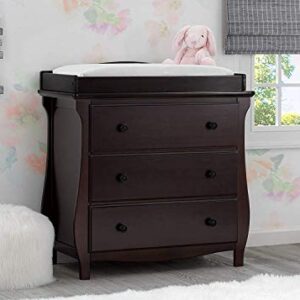 Delta Children Lancaster 3 Drawer Dresser with Changing Top, Dark Chocolate and Contoured Changing Pad, White