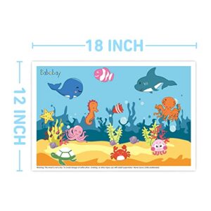 Disposable Stick-on Placemats 40 Pack for Baby & Kids, Toddler Placemats in Reusable Pouch 12" x 18" (Blue Ocean Life)