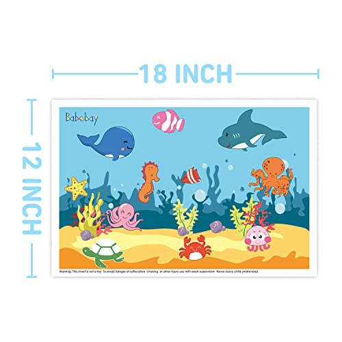 Disposable Stick-on Placemats 40 Pack for Baby & Kids, Toddler Placemats in Reusable Pouch 12" x 18" (Blue Ocean Life)