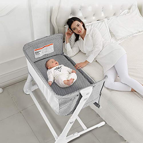 BABY JOY Baby Bassinet, Bedside Sleeper w/Wheels, Mattress & Cover, Straps, Mesh, 100lbs Weight Capacity, 8 Height Adjustable for Bed Sofa, Lightweight Bedside Bassinet for Baby Newborn Infant, Gray