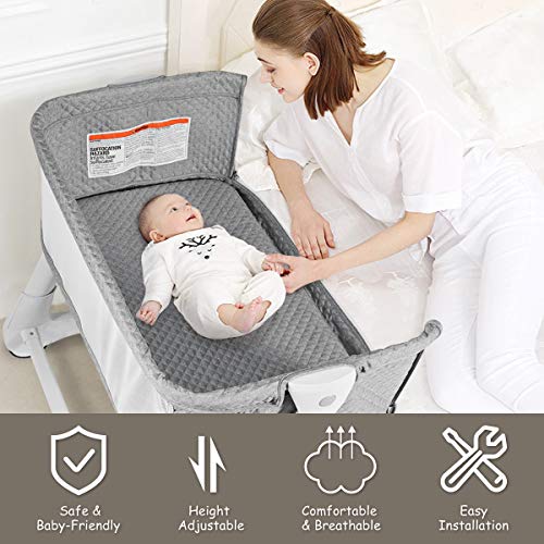 BABY JOY Baby Bassinet, Bedside Sleeper w/Wheels, Mattress & Cover, Straps, Mesh, 100lbs Weight Capacity, 8 Height Adjustable for Bed Sofa, Lightweight Bedside Bassinet for Baby Newborn Infant, Gray