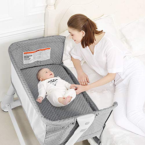 BABY JOY Baby Bassinet, Bedside Sleeper w/Wheels, Mattress & Cover, Straps, Mesh, 100lbs Weight Capacity, 8 Height Adjustable for Bed Sofa, Lightweight Bedside Bassinet for Baby Newborn Infant, Gray