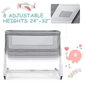 BABY JOY Baby Bassinet, Bedside Sleeper w/Wheels, Mattress & Cover, Straps, Mesh, 100lbs Weight Capacity, 8 Height Adjustable for Bed Sofa, Lightweight Bedside Bassinet for Baby Newborn Infant, Gray