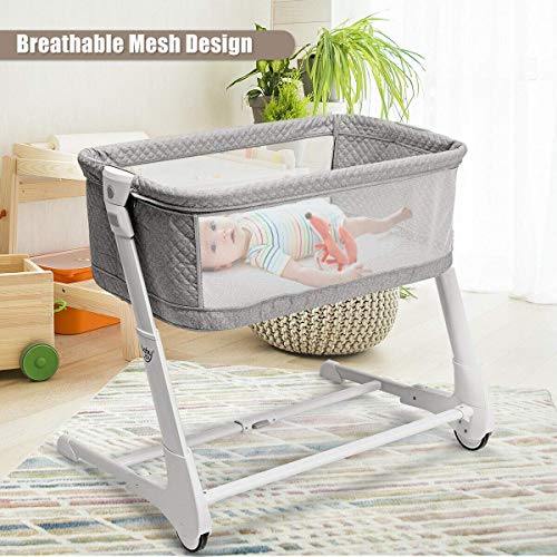 BABY JOY Baby Bassinet, Bedside Sleeper w/Wheels, Mattress & Cover, Straps, Mesh, 100lbs Weight Capacity, 8 Height Adjustable for Bed Sofa, Lightweight Bedside Bassinet for Baby Newborn Infant, Gray