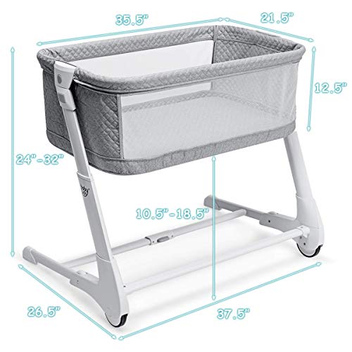 BABY JOY Baby Bassinet, Bedside Sleeper w/Wheels, Mattress & Cover, Straps, Mesh, 100lbs Weight Capacity, 8 Height Adjustable for Bed Sofa, Lightweight Bedside Bassinet for Baby Newborn Infant, Gray