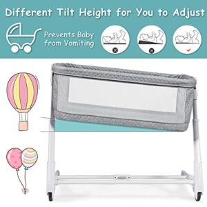 BABY JOY Baby Bassinet, Bedside Sleeper w/Wheels, Mattress & Cover, Straps, Mesh, 100lbs Weight Capacity, 8 Height Adjustable for Bed Sofa, Lightweight Bedside Bassinet for Baby Newborn Infant, Gray