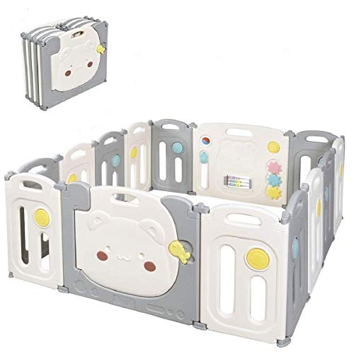 Costzon Baby Playpen, 14 Panel Foldable Thicken Kids Safety Play Fence with Storage Bag, Door with Safety Lock, 14 Rubber Suction Cups, HDPE Material BPA Free, Adjustable Shape, for Indoor Outdoor