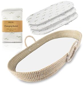 kiddo vibes handwoven baby changing basket with pad & 3 waterproof bamboo jacquard covers - multifunctional cpsc compliant organic seagrass baby moses basket with a soft thick waterproof changing pad