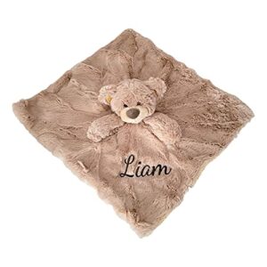 sona g designs custom personalized teddy bear lovie lovey security blanket with rattle (brown bear with embroidery name)