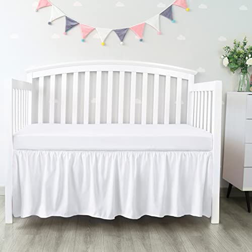 Crib Bed Skirt 4 Sides Pleated Dust Ruffle for Baby Boys Girls Elastic Adjustable Fit Toddler Bedskirt Easy On/Off Soft Nursery Standard Crib Bedding Skirts Solid White Crib Skirt